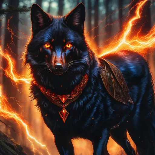 Prompt: young warrior black fox with (solid jet black fur) and scarlet eyes, feral, epic anime portrait, lightning element, crackling lightning, beautiful 8k eyes, fine oil painting, intense, wearing shiny bracelet, low angle view,  (unsheathed claws), visible claws, 64k, hyper detailed, expressive, intense, heroic, friendly, compassionate, brawny, thick billowing mane, fiery colors, psychedelic colors, lightning charged atmosphere, colorful stones, glistening black fur, prowling through a twilight forest,  golden ratio, precise, perfect proportions, vibrant, prowling by a sun-bathed river, hyper detailed, complementary colors, UHD, HDR, top quality artwork, beautiful detailed background, unreal 5, artstaion, deviantart, instagram, professional, masterpiece