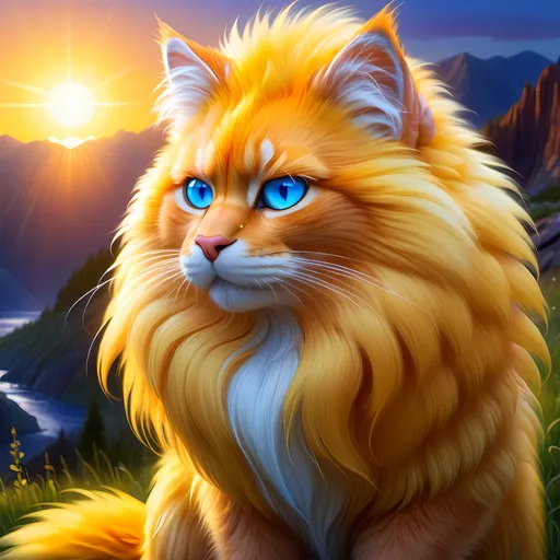 Prompt: Gold cat warrior, {glistening golden fur}, gleaming intense (deep sapphire blue eyes:1.5), electricity, lightning element, bright colors, feral, detailed artwork, beautiful oil painting, 64k, epic rpg portrait, zoomed out view of character, detailed background, by Erin Hunter, sunshine river, (insanely beautiful realistic fur:2), brilliant auroras, brilliant golden sunrise, hyper detailed, depth, rich shading, beautiful 8k eyes, brave, fluffy, brawny, vivid colors, glowing fiery aura, thick billowing mane, bright fluffy cheeks, intricately detailed fur, beautiful detailed eyes, by Anne Stokes, golden ratio, perfect proportions, vibrant colors, hyper detailed, complementary colors, UHD, ultra detailed, beautiful detailed background