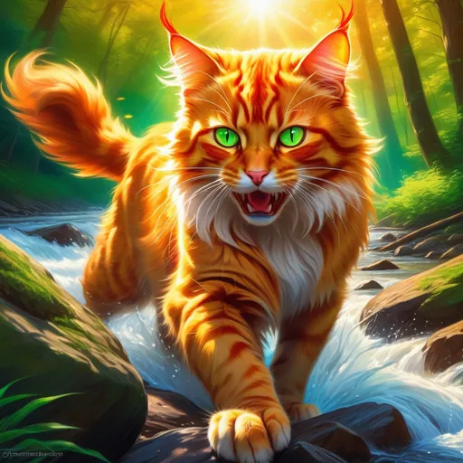 Prompt: warrior cat with {fiery orange fur} and bright {green eyes}, young male fire cat, epic anime portrait, beautiful 8k eyes, fine oil painting, intense, lunging at viewer, wearing shiny bracelet, solid red belly, lush fantasy forest, zoomed out view of character,  (unsheathed claws), visible claws, 64k, hyper detailed, expressive, intense, hissing cat, aggressive, intelligent, lithe, small, covered in scratches and scars, thick billowing mane, glistening golden fur, golden ratio, precise, perfect proportions, vibrant, prowling by a sun-bathed river, hyper detailed, dynamic, complementary colors, UHD, HDR, top quality artwork, beautiful detailed background, unreal 5, artstaion, deviantart, instagram, professional, masterpiece