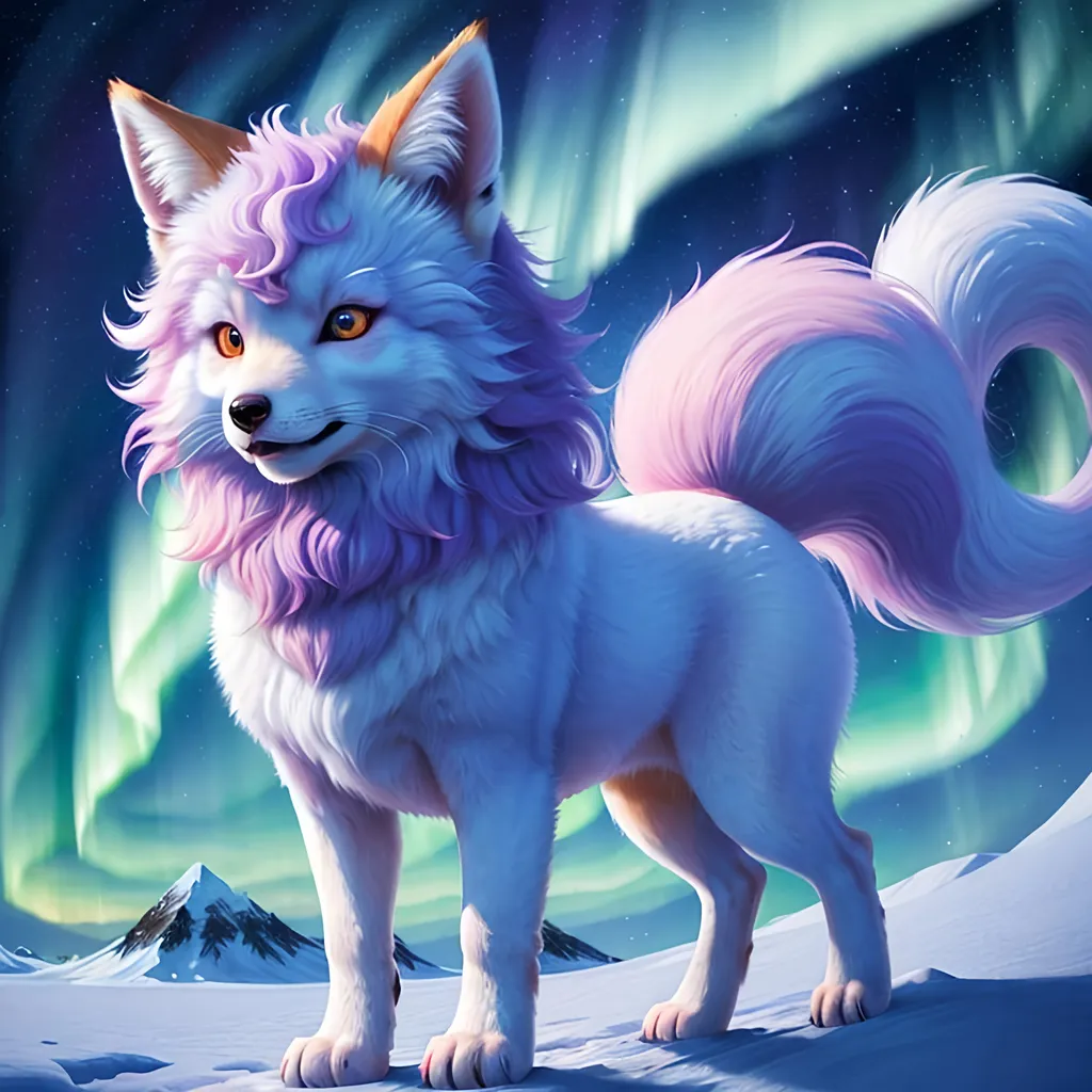 Prompt: {Alolan Vulpix}, growling, fox, kitsune, ice element, detailed artwork, portrait, 8k, detailed background, auroras, brilliant night sky, mischievous, thick billowing mane, hyper realism, realistic, hyper realistic