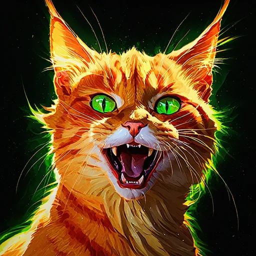 Prompt: warrior cat with {fiery orange fur} and bright green eyes, young male cat, epic anime portrait, beautiful 8k eyes, fine oil painting, intense, lunging at viewer, wearing shiny bracelet, solid red belly, worm's eye view, zoomed out view of character,  (unsheathed claws), visible claws, 64k, hyper detailed, expressive, intense, hissing cat, aggressive, intelligent, lithe, small, covered in scratches and scars, thick billowing mane, glistening golden fur, golden ratio, precise, perfect proportions, vibrant, prowling by a sun-bathed river, hyper detailed, dynamic, complementary colors, UHD, HDR, top quality artwork, beautiful detailed background, unreal 5, artstaion, deviantart, instagram, professional, masterpiece