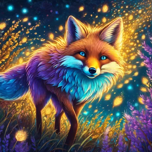 Prompt: cyan blue fox, 2D, hyper detailed, drawing, colored pencils, anime purple eyes, bushy tail, intense anime pose, energetic smile, cell shading, vector art, energetic, anime background, milky way view, fireflies, UHD, masterpiece, cheerful, perfect composition, perfect proportions, golden ratio, complementary colors, cinematic, complex art, complex background, peaceful