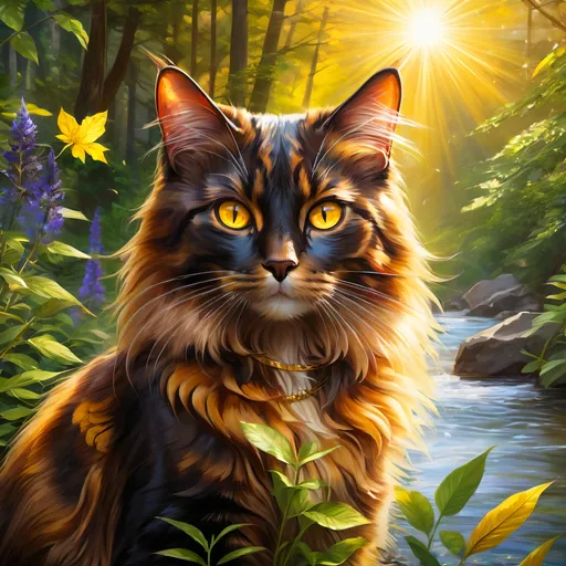 Prompt: warrior cat with {dark tortoiseshell fur} and bright {yellow eyes}, small young beautiful she-cat, epic anime portrait, beautiful 8k eyes, fine oil painting, serene, gazing at viewer, wearing shiny bracelet, lush fantasy forest, surrounded by herbs, 64k, hyper detailed, expressive, intelligent, small, smooth silky fur, thick silky mane, glistening golden fur, golden ratio, precise, perfect proportions, vibrant, sitting by a sun-bathed river, hyper detailed, dynamic, complementary colors, UHD, HDR, top quality artwork, beautiful detailed background, unreal 5, artstaion, deviantart, instagram, professional, masterpiece