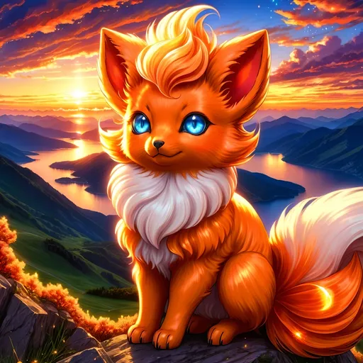 Prompt: (best quality:1.5), (high quality:1.5), (masterpiece:1.5), stunning beautiful 2D anime portrait of (Vulpix) with (gleaming bright fur:2) and (sparkling eyes:2), close up, dazzling eyes, crystalline glassy dazzling white fur, glassy dazzling tails, sparkling fur highlights, huge beautiful sparkling eyes, many tails, surreal, incredibly detailed fur highlights, multiple tails, Pokemon anime, incredibly detailed Vulpix face, six distinct lush tails, fire element, fiery maw, Vulpix tails, beautiful defined detailed paws, gorgeous anime portrait, magic fur highlights, visible tails, beautiful tails, extremely smooth fur texture, beautiful 8k eyes, kitsune, layers of incredibly detailed mountains, wild, nature, close up with sparkling eyes in sharp focus, magical, ethereal, enchanted, highly detailed face, fine anime painting, fire element, stunning, cute, majestic, {coils of long curly silky hair on forehead}, raised tails, gorgeous, gazing at viewer, {long silky tails}, beaming eyes, curious eyes, lake shore sunrise, perfect reflection, shimmering, beautifully defined legs, beautiful detailed defined shading, french curves, professional shading, sharply focused clouds, highly detailed jagged mountain vista, brilliant sunrise sky, (horizontal background), 64k, hyper detailed, expressive, beautiful, {golden ratio}, symmetric, accurate anatomy, precise, perfect proportions, vibrant, standing majestically on a mountain, hyper detailed, complementary colors, UHD, HDR, top quality artwork, beautiful detailed background, unreal 5, artstaion, deviantart, instagram, professional, 16k