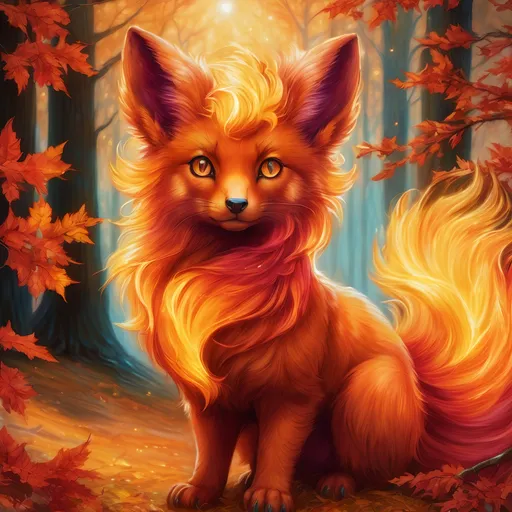 Prompt: {Vulpix}, gleaming hypnotic {garnet brown eyes}, flame, fire element, feral, frost, detailed artwork, beautiful oil painting, 64k, detailed background, aspen leaves, deep starry sky, lush cliffside, brilliant sunrise sky, big golden ears, big beautiful 8k eyes, mischievous, vivid colors, thick fluffy fur, glowing fiery aura, fire princess, bashful rosy cheeks, timid, bright rosy cheeks, thick billowing mane, intricately detailed fur, beautiful detailed eyes, , by Anne Stokes, golden ratio, perfect proportions, vibrant, hyper detailed, complementary colors, UHD, beautiful detailed background