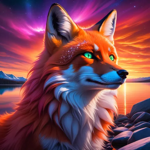 Prompt: portrait of a beautiful young crimson fox prodigy with (glistening crimson fur) and glowing {emerald eyes}, fine oil painting, feral, beautiful vixen kitsune, epic anime portrait, close up, gazing at viewer, fiery colors, brilliant sunrise, beautiful 8k eyes, deep starry sky, cosmic auroras, epic fantasy landscape, frost, close up, intense, low angle view, soft HD fur, 64k, hyper detailed, symmetric, highly detailed face, expressive, intense, elegant, graceful, silky extravagant mane, black fur lighlights, deep purple sky, colorful stones, glistening scarlet fur, sprawled at a lake shore, golden ratio, precise, perfect proportions, vibrant, lying by a sun-bathed lake, hyper detailed, complementary colors, UHD, HDR, top quality artwork, beautiful detailed background, unreal 5, artstaion, deviantart, instagram, professional, masterpiece