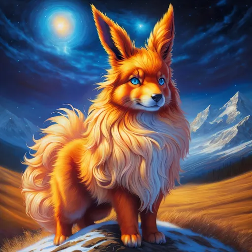 Prompt: {Flareon}, brilliant {blue eyes}, flame, fire element, feral, detailed artwork, beautiful oil painting, 64k, detailed background, snowy field, frost, deep starry sky, brilliant sunrise sky, big golden ears, beautiful dark muzzle, big beautiful 8k eyes, brave, vivid colors, thick fluffy fur, glowing fiery aura, thick billowing mane, intricately detailed fur, beautiful detailed eyes, , by Anne Stokes, golden ratio, perfect proportions, vibrant, hyper detailed, complementary colors, UHD, beautiful detailed background