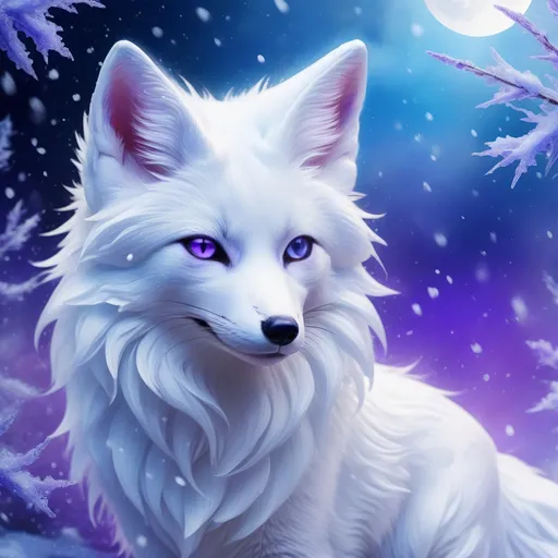Prompt: ice elemental fox, feral fox, kyubi no kitsune, nine-tailed fox, snow white fur, deep purple eyes, soft moonlight, silver muzzle, forever young vixen, gazing at viewer, looking backward, insanely beautiful, stunning, gorgeous, enchanting, beautiful 8k eyes, insanely powerful element, timid, falling snow, shattered ice, frosted lavender fur, vivid, vibrant UHD, HDR, three-quarter portrait, detailed watercolor style on soft paper, sharp focus, masterpiece, cool colors, artstation, instagram, trending, 64k