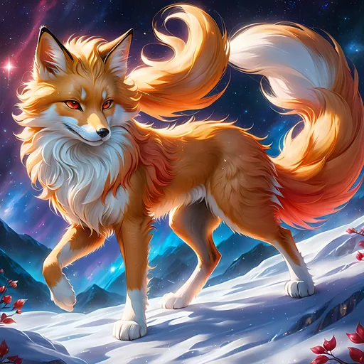 Prompt: warrior (fox) with {bright scarlet fur} and {ruby red eyes}, feral fox, kitsune, nine-tailed fox, gorgeous anime portrait, beautiful cartoon, beautiful 8k eyes, elegant {red fur}, four-legged, quadruped, pronounced scar on chest, oil painting, modest, gazing at viewer, fiery red eyes, glistening golden hair, furry golden paws, low angle view, 64k, hyper detailed, expressive, graceful, beautiful, small lithe cat, expansive silky golden mane, shining fur, deep starry sky, UHD background, golden ratio, precise, perfect proportions, vibrant colors, standing majestically on a tall crystal stone, hyper detailed, complementary colors, UHD, HDR, top quality art, beautiful detailed background, unreal 5, artstaion, deviantart, instagram, professional, masterpiece