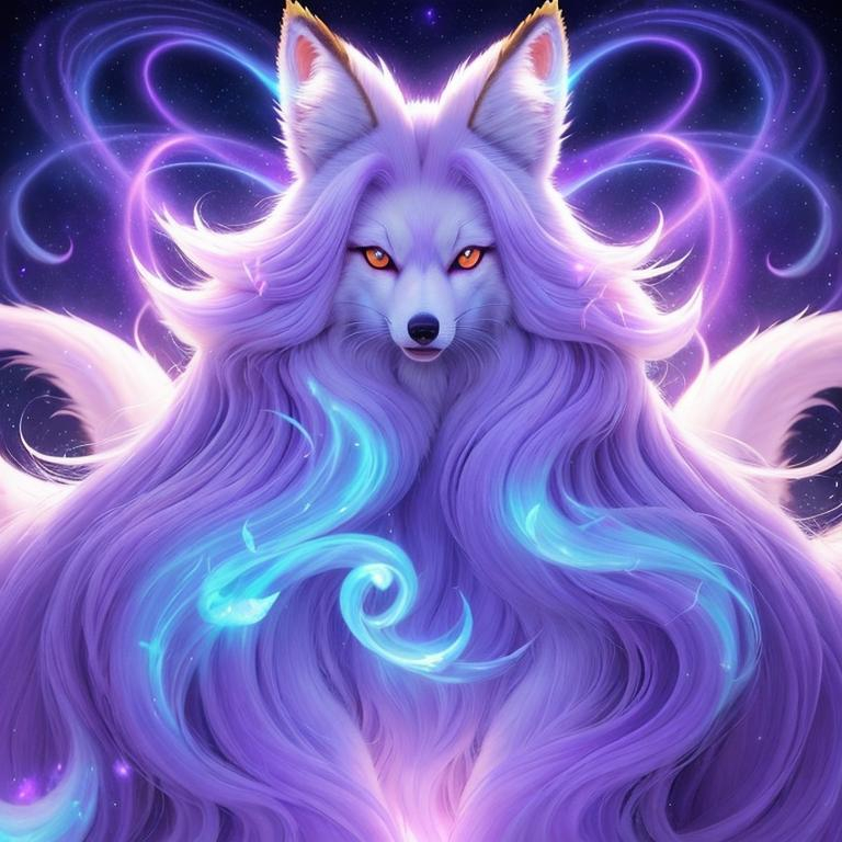 Prompt: {Alolan Ninetales}, growling, fox, kitsune, white maned wolf, brilliant hypnotic purple eyes, silky lavender fur, ageless, lives for a thousand years, wise, extravagant voluminous silky mane, ice element, detailed artwork, portrait, 8k, global illumination, detailed background, auroras, brilliant night sky, mischievous, thick billowing mane, hyper realism, realistic, hyper realistic, dynamic, UHD, professional, studio quality, close up, 64k, cinematic, rare, extravagant