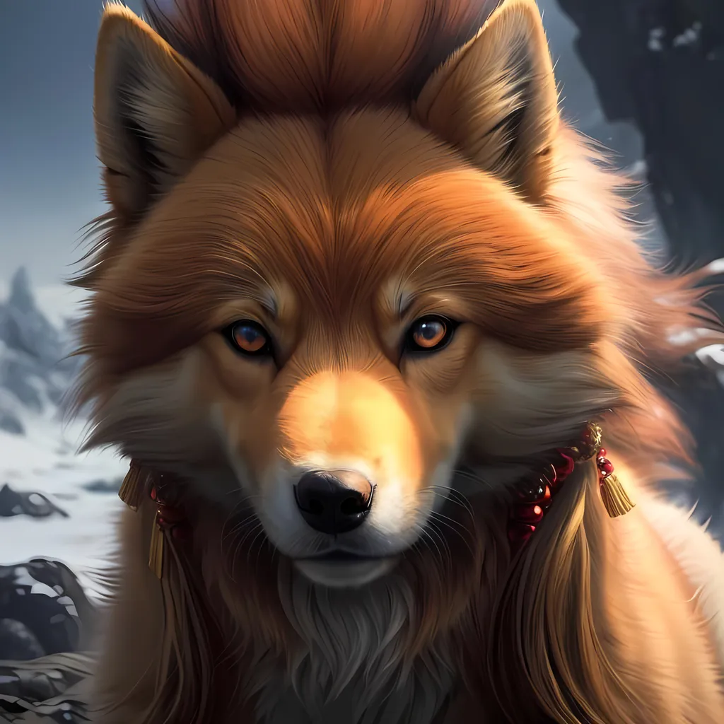 Prompt: 8k, 3D, UHD, masterpiece, oil painting, best quality, artstation, hyper realistic, photograph, perfect composition, zoomed out view of character, 8k eyes, Portrait of a (beautiful Ninetales), {canine quadruped}, thick glistening gold fur, deep sinister (crimson eyes), ageless, lives a thousand years, epic anime portrait, vindictive, angry, growling, vengeful, wearing a beautiful (silky scarlet and gold scarf), thick white mane with fluffy golden crest, golden magic fur lighlights, studio lighting, animated, sharp focus, intricately detailed fur, graceful, regal, cinematic, magnificent, sharp detailed eyes, beautifully detailed face, highly detailed starry sky with pastel pink clouds, ambient golden light, plump, perfect proportions, nine beautiful tails with pale orange tips, insanely beautiful, highly detailed mouth, symmetric, sharp focus, golden ratio, complementary colors, perfect composition, professional, unreal engine, high octane render, highly detailed mouth, Yuino Chiri, Anne Stokes