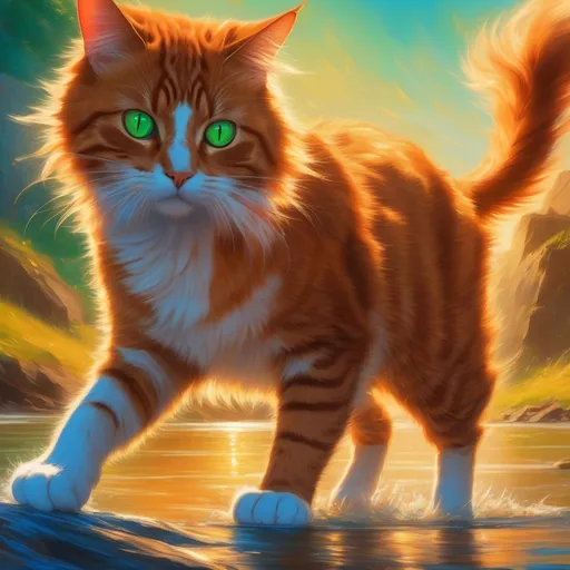 Prompt: warrior cat with {fiery orange fur} and bright green eyes, young male cat, epic anime portrait, beautiful 8k eyes, fine oil painting, intense, lunging at viewer, wearing shiny bracelet, solid red belly, worm's eye view, zoomed out view of character,  (unsheathed claws), visible claws, 64k, hyper detailed, expressive, intense, hissing cat, aggressive, intelligent, lithe, small, covered in scratches and scars, thick billowing mane, glistening golden fur, golden ratio, precise, perfect proportions, vibrant, prowling by a sun-bathed river, hyper detailed, dynamic, complementary colors, UHD, HDR, top quality artwork, beautiful detailed background, unreal 5, artstaion, deviantart, instagram, professional, masterpiece