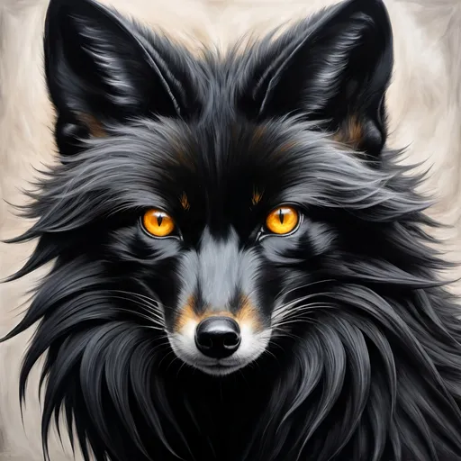Prompt: painting of a large powerful male black fox champion with 8 tails, jet black and white fur, brilliant and beautiful 8k amber eyes, feral, charcoal fur, charcoal drawing, oil painting, Fire and ice, golden ratio, symmetric, expressive, up close, intense, intricate detailed fur, highly detailed fur