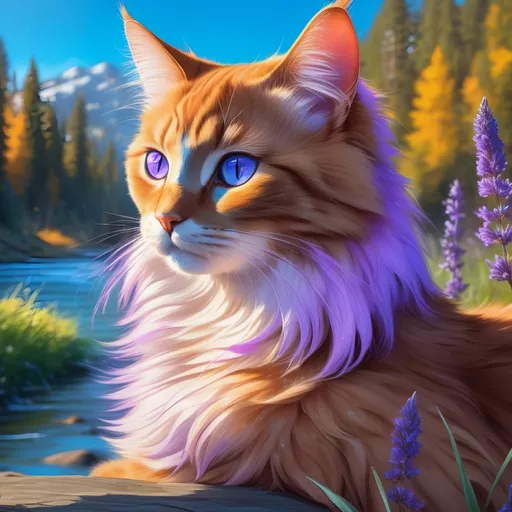 Prompt: warrior cat with {lavender fur} and {crystal blue eyes}, young female cat, epic anime portrait, beautiful 8k eyes, elegant {colorful lavender fur}, fine oil painting, modest, gazing at viewer, worm's eye view, frosted flowers, zoomed out view of character, wears a bracelet, 64k, hyper detailed, expressive, timid, graceful, beautiful, expansive silky mane, golden ratio, precise, perfect proportions, vibrant, prowling by a sun-bathed river, hyper detailed, complementary colors, UHD, HDR, top quality artwork, beautiful detailed background, unreal 5, artstaion, deviantart, instagram, professional, masterpiece