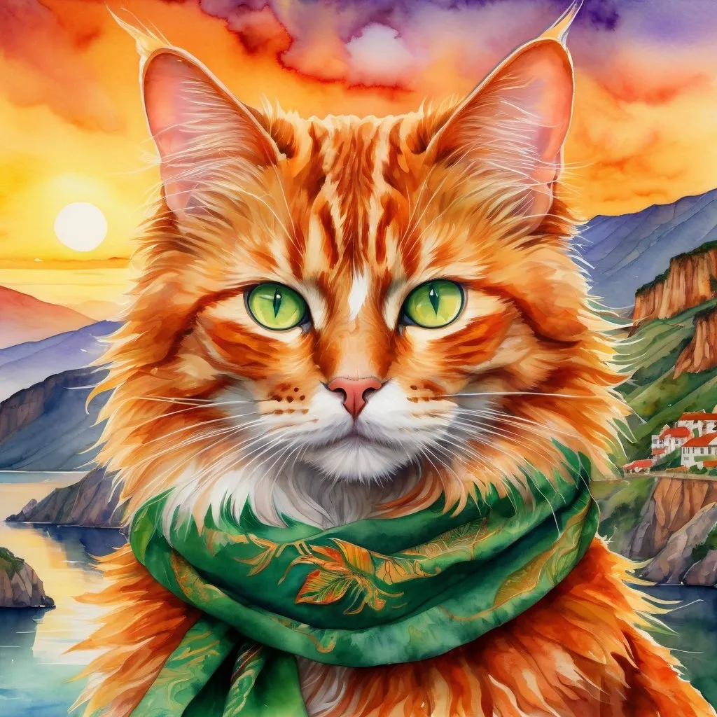 Prompt: detailed watercolor of a beautiful cat warrior with fiery ginger fur and bright green eyes, feral cat, wearing golden scarf, detailed lakeside background, distant cliffs in background, UHD, highly detailed, trending. on artstation, brilliant sunset, inkpunk style, brilliant colors, vivid colors, bright orange fluffy pelt, depth, retailed shading