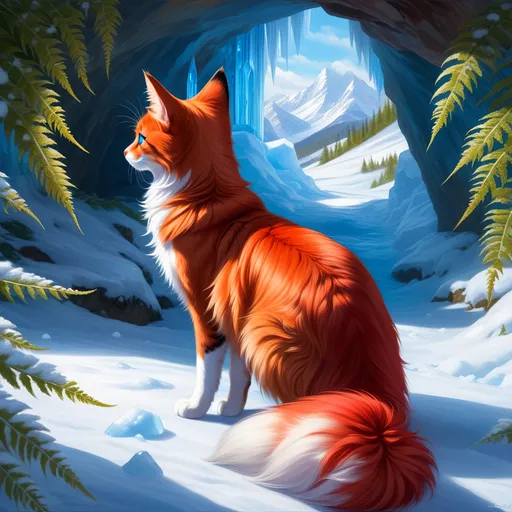 Prompt: warrior cat with {shiny red fur} and {ice blue eyes}, feral, quadruped, young she-cat, by Erin Hunter, gorgeous anime portrait, intense cartoon, beautiful 8k eyes, elegant {scarlet and garnet fur}, {pelt looks like a vixen fox}, fine oil painting, stunning, gorgeous, back view, looking backward, gazing at viewer, beaming blue eyes, glistening scarlet fur, draped in ferns, snowstorm, ice element, 64k, hyper detailed, expressive, witty, graceful, beautiful, expansive silky mane, crystal mountain cave, golden ratio, precise, perfect proportions, vibrant, standing majestically on a tall crystal stone, hyper detailed, complementary colors, UHD, HDR, top quality artwork, beautiful detailed background, unreal 5, artstaion, deviantart, instagram, professional, masterpiece