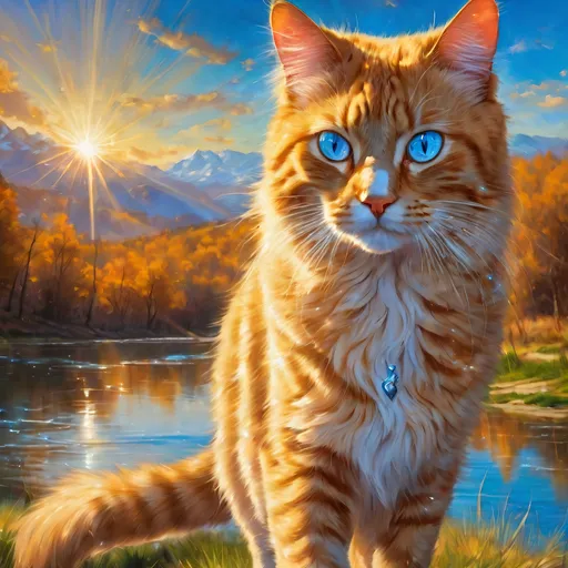 Prompt: warrior cat with pearl-gold fur and sapphire blue eyes, young male cat, epic anime portrait, beautiful 8k eyes, fine oil painting, intense, lunging at viewer, wearing shiny bracelet, worm's eye view, zoomed out view of character,  (unsheathed claws), visible claws, 64k, hyper detailed, expressive, intense, hissing cat, aggressive, intelligent, lithe, small, covered in scratches and scars, thick billowing mane, glistening golden fur, golden ratio, precise, perfect proportions, vibrant, prowling by a sun-bathed river, hyper detailed, complementary colors, UHD, HDR, top quality artwork, beautiful detailed background, unreal 5, artstaion, deviantart, instagram, professional, masterpiece
