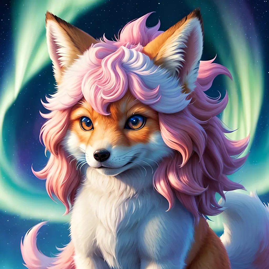 Prompt: {Alolan Vulpix}, growling, fox, kitsune, ice element, detailed artwork, portrait, 8k, detailed background, auroras, brilliant night sky, mischievous, thick billowing mane