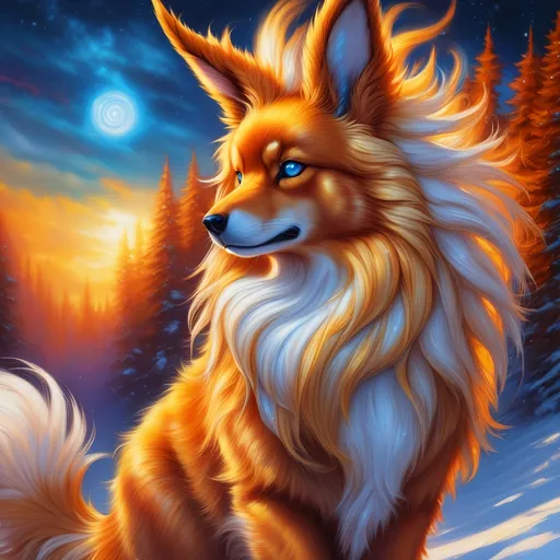 Prompt: {Flareon}, brilliant {blue eyes}, flame, fire element, feral, detailed artwork, beautiful oil painting, 64k, detailed background, snowy field, frost, deep starry sky, brilliant sunrise sky, big golden ears, beautiful dark muzzle, big beautiful 8k eyes, brave, vivid colors, thick fluffy fur, glowing fiery aura, thick billowing mane, intricately detailed fur, beautiful detailed eyes, , by Anne Stokes, golden ratio, perfect proportions, vibrant, hyper detailed, complementary colors, UHD, beautiful detailed background