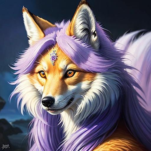 Prompt: hyper realistic, epic oil painting, masterpiece, dynamic, UHD, professional, {Alolan Ninetales}, growling, fox, white maned wolf, brilliant hypnotic purple eyes, silky lavender fur, ageless, ornate highly detailed eyes, epic anime portrait, lives for a thousand years, wise, extravagant silky mane, ice element, detailed artwork, portrait, 8k, global illumination, detailed background, auroras, brilliant night sky, mischievous, thick billowing mane, hyper realism, realistic,, studio quality, close up, mid close up, 64k, cinematic, rare, extravagant