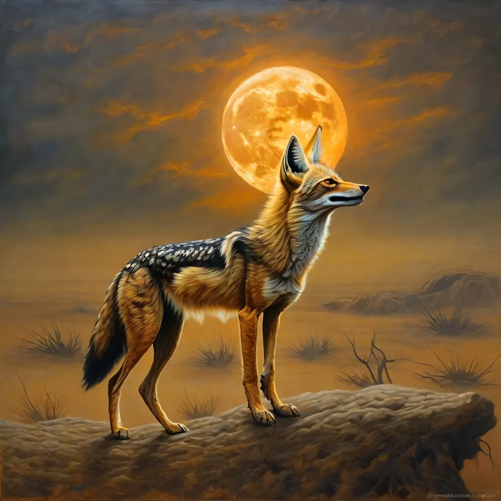 Prompt: epic {black backed jackal} howling at {golden moon}, billowing wild fur, haunting orange eyes, 64k, realistic, photograph, spooky, haunting, foggy, studio lighting, highly detailed, intricately detailed, hyper realism, cinematic, highly detailed background, finely detailed fur, finely detailed oil painting, masterpiece