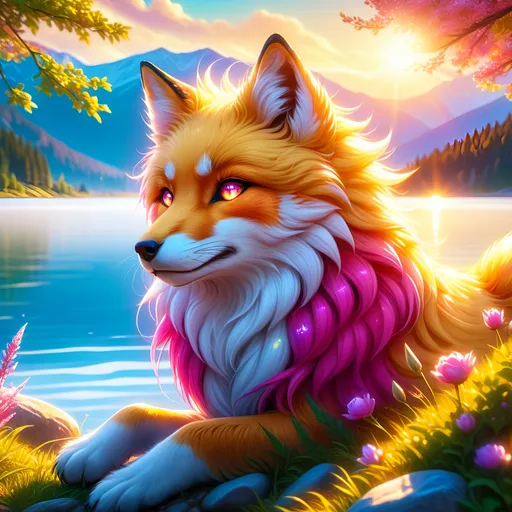 Prompt: beautiful young golden fox prodigy with (white-gold fur) and glowing {ruby magenta eyes}, {sky blue paws and ears, curly blue hair}, feral, epic anime portrait, close up, sunny colors, brilliant sunrise, beautiful 8k eyes, light fluffy clouds, lush verdant greenery, close up, fine oil painting, low angle view, soft HD fur, (unsheathed claws), visible claws, 64k, hyper detailed, expressive, energetic, vibrant, fluffy mane, petite, deep blue sky, colorful stones, glistening golden fur, bashful rosy cheeks, sprawled at a lake shore, golden ratio, precise, perfect proportions, vibrant colors, vivid colors, lying by a sun-bathed lake, hyper detailed, complementary colors, UHD, HDR, top quality artwork, beautiful detailed background, unreal 5, artstaion, deviantart, instagram, professional, masterpiece