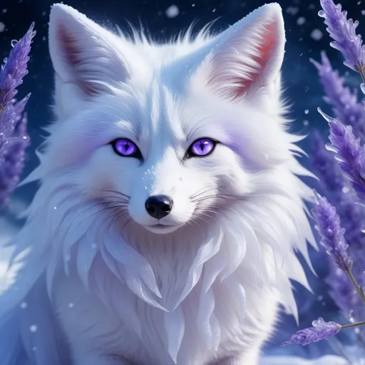 Prompt: ice elemental fox, feral fox, kyubi no kitsune, nine-tailed fox, snow white fur, deep purple eyes, soft moonlight, silver muzzle, forever young vixen, gazing at viewer, looking backward, insanely beautiful, stunning, gorgeous, enchanting, beautiful 8k eyes, absurdly powerful element, timid, falling snow, shattered ice, frosted lavender fur, vivid, vibrant UHD, HDR, three-quarter portrait, detailed watercolor style on soft paper, sharp focus, masterpiece, cool colors, artstation, instagram, trending, 64k, absurd resolution