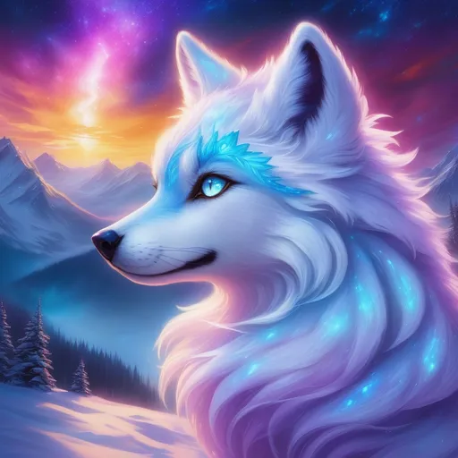 Prompt: {Alolan Vulpix}, Alaskan wolf, gleaming hypnotic {amethyst purple eyes}, frost, ice element, detailed artwork, epic photograph, beautiful oil painting, 64k, detailed background, cosmic auroras, deep starry sky, lush cliffside, snowy mountain peaks, brilliant night sky, big purple ears, mischievous, vivid colors, glowing ice aura, snow princess, timid, bashful rosy cheeks, thick billowing mane, intricately detailed fur, beautiful detailed eyes, golden ratio, perfect proportions, vibrant, hyper detailed, complementary colors, UHD, beautiful detailed background