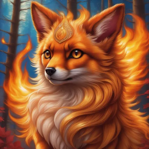 Prompt: {Vulpix}, gleaming hypnotic {chocolate brown eyes}, flame, fire element, feral, frost, detailed artwork, beautiful oil painting, 64k, detailed background, aspen leaves, deep starry sky, lush cliffside, brilliant sunrise sky, big golden ears, beautiful {golden brown muzzle}, luxurious {golden brown pelt}, big beautiful 8k eyes, mischievous, vivid colors, thick fluffy fur, glowing fiery aura, fire princess, bashful rosy cheeks, timid, bright rosy cheeks, thick billowing mane, intricately detailed fur, beautiful detailed eyes, , by Anne Stokes, golden ratio, perfect proportions, vibrant, hyper detailed, complementary colors, UHD, beautiful detailed background