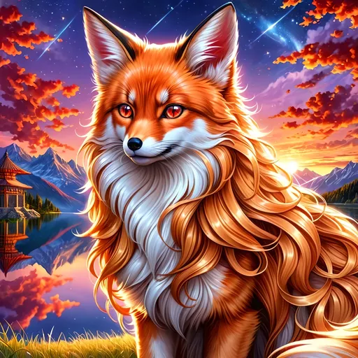 Prompt: (best quality:1.5), (high quality:1.5), (masterpiece:1.5), stunning beautiful Vulpix with (gleaming fiery auburn red fur:2) and (sparkling caramel brown eyes:2), sparkling fur highlights, huge beautiful sparkling eyes, nine-tailed fox, many tails, multiple tails, six lush amber tails, feral, fire element, fiery maw, small fox, kitsune tails, beautiful defined detailed paws, quadruped, gorgeous anime portrait, fox pup face, intense cartoon, magic white fur highlights, tall and slender, visible tails, beautiful tails, foxy head turn, beautiful 8k eyes, kitsune, close up, up close, layers of incredibly detailed mountains, wild, nature, close up with sparkling eyes in sharp focus, magical, ethereal, enchanted, incredibly detailed fur, highly detailed face, water element, detailed fine fur, fine oil painting, stunning, finely detailed fur, cute, fierce, majestic, long curly silky hair, raised tails, gorgeous, gazing at viewer, long silky curly tails, beaming eyes, curious eyes, lake shore sunrise, perfect reflection, shimmering, beautifully defined legs, beautiful detailed defined shading, long ribbon-like hair on forehead, french curves, professional shading, long flowing hair on crest, sharply focused red clouds, Anne Stokes, highly detailed jagged mountain vista, brilliant sunrise on purple sky, (horizontal background), 64k, hyper detailed, expressive, beautiful, thick silky mane, golden ratio, symmetric, accurate anatomy, precise, perfect proportions, vibrant, standing majestically on a mountain, hyper detailed, complementary colors, UHD, HDR, top quality artwork, beautiful detailed background, unreal 5, artstaion, deviantart, instagram, professional, 16k
