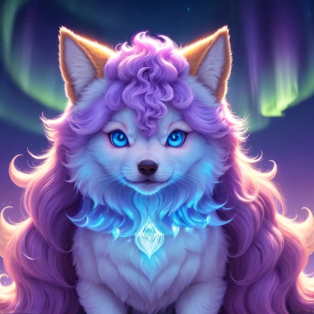 Prompt: {Alolan Vulpix}, growling, wolf, ice element, detailed artwork, portrait, 8k, detailed background, beautiful auroras, brilliant night sky, gleaming hypnotic purple eyes, mischievous, thick billowing mane, beautiful detailed eyes, golden ratio, perfect proportions, complementary colors, UHD