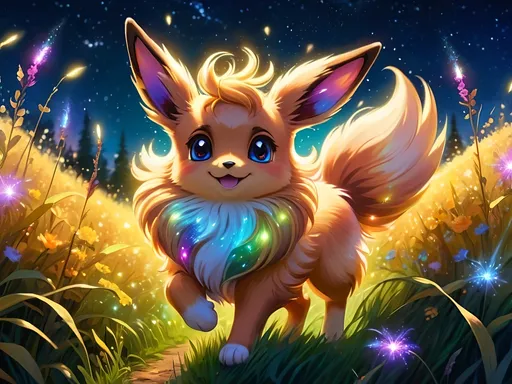 Prompt: (best quality: 1.5), (high quality:1.5), (intricate detail: 1.5), painting of an insanely beautiful magical Eevee, furry, fuzzy, happy, jubilant, magical, fairy dust, twinkling, bright colors, sparkling fur, shimmering, glistening, fairy dust in fur, dancing, running through a field, cute, vivid colors, vibrant colors, auroras, aurora halo, surreal, UHD, horizontal background, professional shading, 3D painting, depth, running toward viewer, insanely detailed background, insanely detailed fur, ultra detailed illustration, immaculate fur, fantasy, flying, professional digital painting, expressive face, beautiful eyes, 8k eyes, artstation, deviantart, trending, hyper detailed, stunning, breathtaking, beautiful, graceful, ethereal, enchanting, enchanted grassland, sparkling fireflies, breezy summer night, starry sky, 8k, 16k, 64k, unreal engine, perfect pose, golden ratio, symmetric, perfect proportions