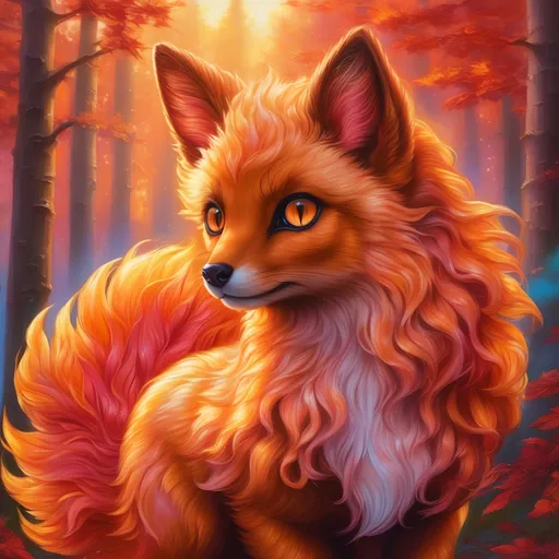 Prompt: {Vulpix}, gleaming hypnotic {garnet brown eyes}, flame, fire element, feral, frost, detailed artwork, beautiful oil painting, 64k, detailed background, aspen leaves, deep starry sky, lush cliffside, brilliant sunrise sky, big golden ears, big beautiful 8k eyes, mischievous, vivid colors, thick fluffy fur, glowing fiery aura, fire princess, bashful rosy cheeks, timid, bright rosy cheeks, thick billowing mane, intricately detailed fur, beautiful detailed eyes, , by Anne Stokes, golden ratio, perfect proportions, vibrant, hyper detailed, complementary colors, UHD, beautiful detailed background
