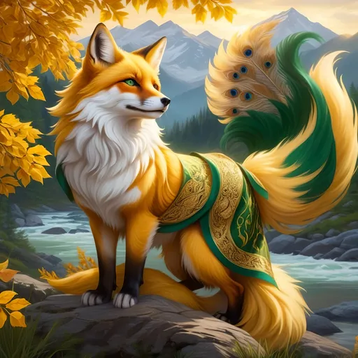 Prompt: beautiful bright gold fox champion with yellow fur and {forest green eyes}, kitsune, feral fox, nine-tailed fox, {silky green and gold robe with golden leaves and pheasant feathers}, brawny, fierce, fire element, plant element, close up, detailed background, lush lakeside mountains background, highly detailed, accurate anatomy, highly detailed face, UHD, detailed oil painting style on canvas