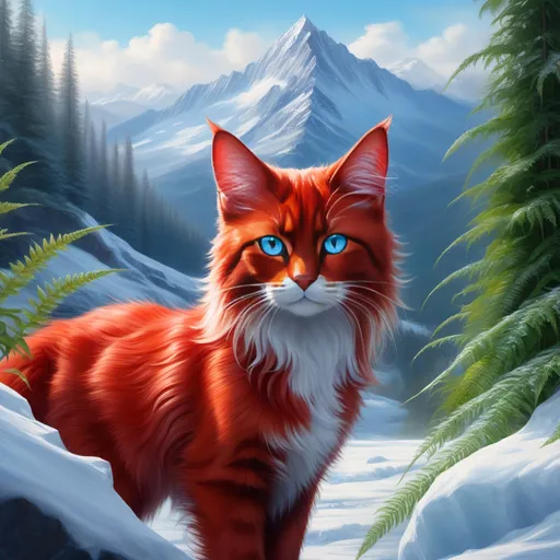 Prompt: warrior cat with {shiny red fur} and {crisp ice blue eyes}, feral, quadruped, young she-cat, by Erin Hunter, gorgeous anime portrait, intense cartoon, beautiful 8k eyes, elegant {scarlet and garnet fur}, {pelt looks like a vixen fox}, fine oil painting, stunning, gorgeous, back view, gazing at viewer, beaming blue eyes, looking back, (rear view:1.5), (looking over shoulder:1.5), (raised tail:2.5), glistening scarlet fur, draped in ferns, snowstorm, ice element, 64k, hyper detailed, expressive, witty, graceful, beautiful, expansive silky mane, crystal mountain cave, secluded crystal river, golden ratio, precise, perfect proportions, vibrant, standing majestically on a tall crystal stone, hyper detailed, complementary colors, UHD, HDR, top quality artwork, beautiful detailed background, unreal 5, artstaion, deviantart, instagram, professional, masterpiece