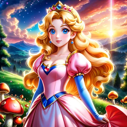 Prompt: (best quality:1.5), (high quality:1.5), (masterpiece:1.5), stunning beautiful 2D anime portrait of Princess Peach with (sparkling dress) and (sparkling eyes:2, dazzling eyes, wind element, gorgeous anime portrait, magic dust, beautiful 8k eyes, vast mushroom forest, mushroom field, fantasy, magical, layers of incredibly detailed mushrooms, wild, close up with sparkling eyes in sharp focus, magical, ethereal, enchanted, highly detailed face, fine anime painting, stunning, beautiful, majestic, {coils of long curly silky hair on forehead}, gorgeous, gazing at viewer, beaming eyes, curious eyes, sunrise, perfect reflection, shimmering, beautifully defined legs, beautiful detailed defined shading, french curves, professional shading, sharply focused clouds, highly detailed jagged mountain vista, brilliant sunrise sky, (horizontal background), 64k, hyper detailed, expressive, beautiful, {golden ratio}, symmetric, precise, perfect proportions, vibrant, standing majestically on a mountain, hyper detailed, complementary colors, UHD, HDR, top quality artwork, beautiful detailed background, unreal 5, artstaion, deviantart, instagram, professional, 16k