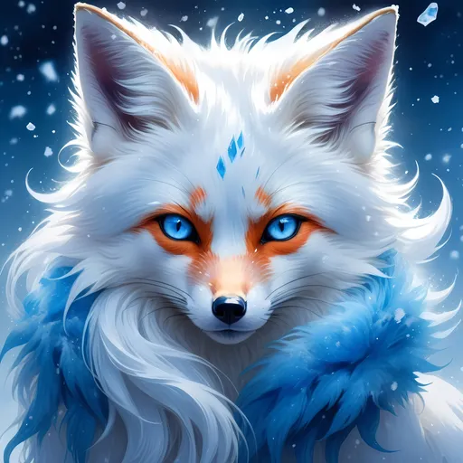 Prompt: ice elemental fox, feral fox, kyubi no kitsune, nine-tailed fox, cool blue fur, dark blue eyes, soft moonlight, blue muzzle, elder vixen, plump, gazing at viewer, stunning, gorgeous, enchanting, beautiful 8k eyes, confident, falling snow, shattered ice, frosted blue fur, vivid, vibrantm UHD, HDR, three-quarter portrait, detailed watercolor style on soft paper, sharp focus, masterpiece, cool colors, artstation, instagram, trending