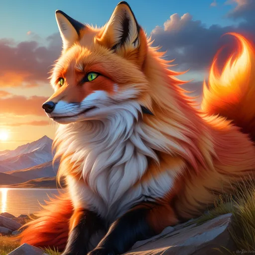 Prompt: champion prodigy fox with (bright crimson fur) and {amber green eyes}, feral, gorgeous anime portrait, soft detailed fur, fire element, flame, young female fox, beautiful 8k eyes, fine oil painting, intense, wearing shiny bracelet, low angle view, (unsheathed claws), visible claws, 64k, fine colored pencil, head turned toward viewer, hyper detailed, expressive, graceful, plump, glistening silky mane, fiery colors, windstorm, colorful stones, vast open sky, glistening black fur highlights, sitting on hilltop,  golden ratio, intricate detailed fur, precise, perfect proportions, vibrant, at a sun-bathed lake, hyper detailed, complementary colors, UHD, HDR, top quality artwork, beautiful detailed background, unreal 5, artstaion, deviantart, instagram, professional, masterpiece