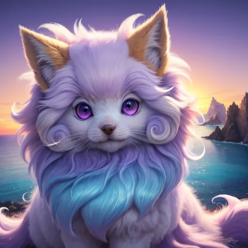 Prompt: alolan vulpix, ice element, detailed artwork, portrait, masterpiece, 8k, detailed cliffside background, stunning sunset, golden ratio, complementary colors, close up, expressive, timid, intricate detailed face, 8k {brilliant purple eyes}, vibrant