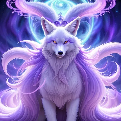 Prompt: {Alolan Ninetales}, growling, fox, white maned wolf, brilliant hypnotic purple eyes, silky lavender fur, ageless, lives for a thousand years, wise, extravagant silky mane, ice element, detailed artwork, portrait, 8k, global illumination, detailed background, auroras, brilliant night sky, mischievous, thick billowing mane, hyper realism, realistic, hyper realistic, dynamic, UHD, professional, studio quality, close up, mid close up, 64k, cinematic, rare, extravagant