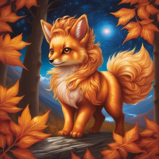 Prompt: {Vulpix}, gleaming hypnotic {chocolate brown eyes}, flame, fire element, feral, frost, detailed artwork, beautiful oil painting, 64k, detailed background, aspen leaves, deep starry sky, lush cliffside, brilliant sunrise sky, big golden ears, beautiful {golden brown muzzle}, luxurious {golden brown pelt}, big beautiful 8k eyes, mischievous, vivid colors, thick fluffy fur, glowing fiery aura, fire princess, bashful rosy cheeks, timid, bright rosy cheeks, thick billowing mane, intricately detailed fur, beautiful detailed eyes, , by Anne Stokes, golden ratio, perfect proportions, vibrant, hyper detailed, complementary colors, UHD, beautiful detailed background