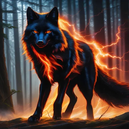 Prompt: young warrior black fox with (solid jet black fur) and scarlet eyes, feral, epic anime portrait, lightning element, crackling lightning, beautiful 8k eyes, fine oil painting, intense, wearing shiny bracelet, low angle view,  (unsheathed claws), visible claws, 64k, hyper detailed, expressive, intense, heroic, friendly, compassionate, brawny, thick billowing mane, fiery colors, psychedelic colors, lightning charged atmosphere, colorful stones, glistening black fur, prowling through a twilight forest,  golden ratio, precise, perfect proportions, vibrant, prowling by a sun-bathed river, hyper detailed, complementary colors, UHD, HDR, top quality artwork, beautiful detailed background, unreal 5, artstaion, deviantart, instagram, professional, masterpiece