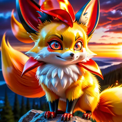 Prompt: (best quality:1.5), (high quality:1.5), (masterpiece:1.5), stunning beautiful 2D anime portrait of (Fennekin dancing:2) with (gleaming bright fur:2) and (sparkling eyes:2), close up, dazzling eyes, crystalline glassy dazzling fur, glassy dazzling tail, sparkling fur highlights, huge beautiful sparkling eyes, surreal, incredibly detailed fur highlights, Pokemon anime, incredibly detailed Fennekin face, fire element, fiery maw, beautiful defined detailed paws, gorgeous anime portrait, magic fur highlights, beautiful tails, extremely smooth fur texture, beautiful 8k eyes, kitsune, layers of incredibly detailed mountains, wild, nature, close up with sparkling eyes in sharp focus, magical, ethereal, enchanted, highly detailed face, fine anime painting, fire element, stunning, cute, majestic, {coils of long curly silky hair on forehead}, raised tail, gorgeous, gazing at viewer, {bushy silky tail}, beaming eyes, curious eyes, confident, lake shore sunrise, perfect reflection, shimmering, beautifully defined legs, beautiful detailed defined shading, french curves, professional shading, sharply focused clouds, highly detailed jagged mountain vista, brilliant sunrise sky, (horizontal background), 64k, hyper detailed, expressive, beautiful, {golden ratio}, symmetric, accurate anatomy, precise, perfect proportions, vibrant, standing majestically on a mountain, hyper detailed, complementary colors, UHD, HDR, top quality artwork, beautiful detailed background, unreal 5, artstaion, deviantart, instagram, professional, 16k