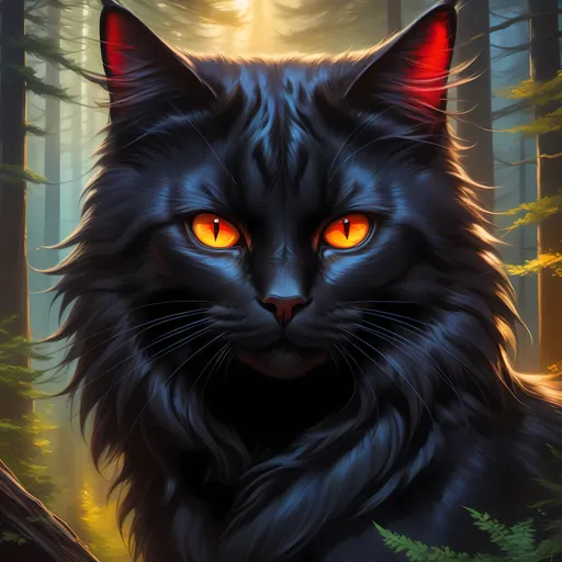 Prompt: warrior cat with jet black fur and scarlet eyes, tom cat, young apprentice, epic anime portrait, beautiful 8k eyes, fine oil painting, intense, wearing shiny bracelet, low angle view, zoomed out view of character,  (unsheathed claws), visible claws, 64k, hyper detailed, expressive, intense, heroic, friendly, aggressive yet compassionate, determined, brawny, thick billowing mane, glistening black fur, prowling through a twilight forest, golden ratio, precise, perfect proportions, vibrant, hyper detailed, complementary colors, UHD, HDR, top quality artwork, beautiful detailed background, unreal 5, artstaion, deviantart, instagram, professional, masterpiece