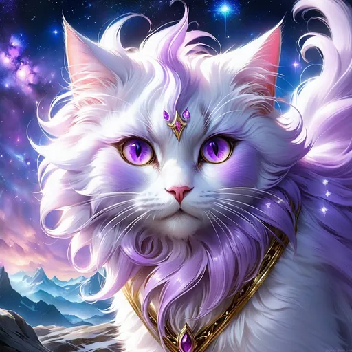 Prompt: clawmaster (cat) with {lavender fur} and {amethyst eyes}, feral cat, frost, Erin Hunter, gorgeous anime portrait, beautiful cartoon, beautiful 8k eyes, pronounced scar on chest, fine oil painting, modest, gazing at viewer, enchanting purple eyes, glistening lilac hair, low angle view, zoomed out view of character, 64k, hyper detailed, expressive, timid, graceful, beautiful, expansive silky mane, deep starry sky, UHD background, golden ratio, precise, perfect proportions, vibrant colors, standing majestically on a tall crystal stone, hyper detailed, complementary colors, UHD, HDR, top quality art, beautiful detailed background, unreal 5, artstaion, deviantart, instagram, professional, masterpiece