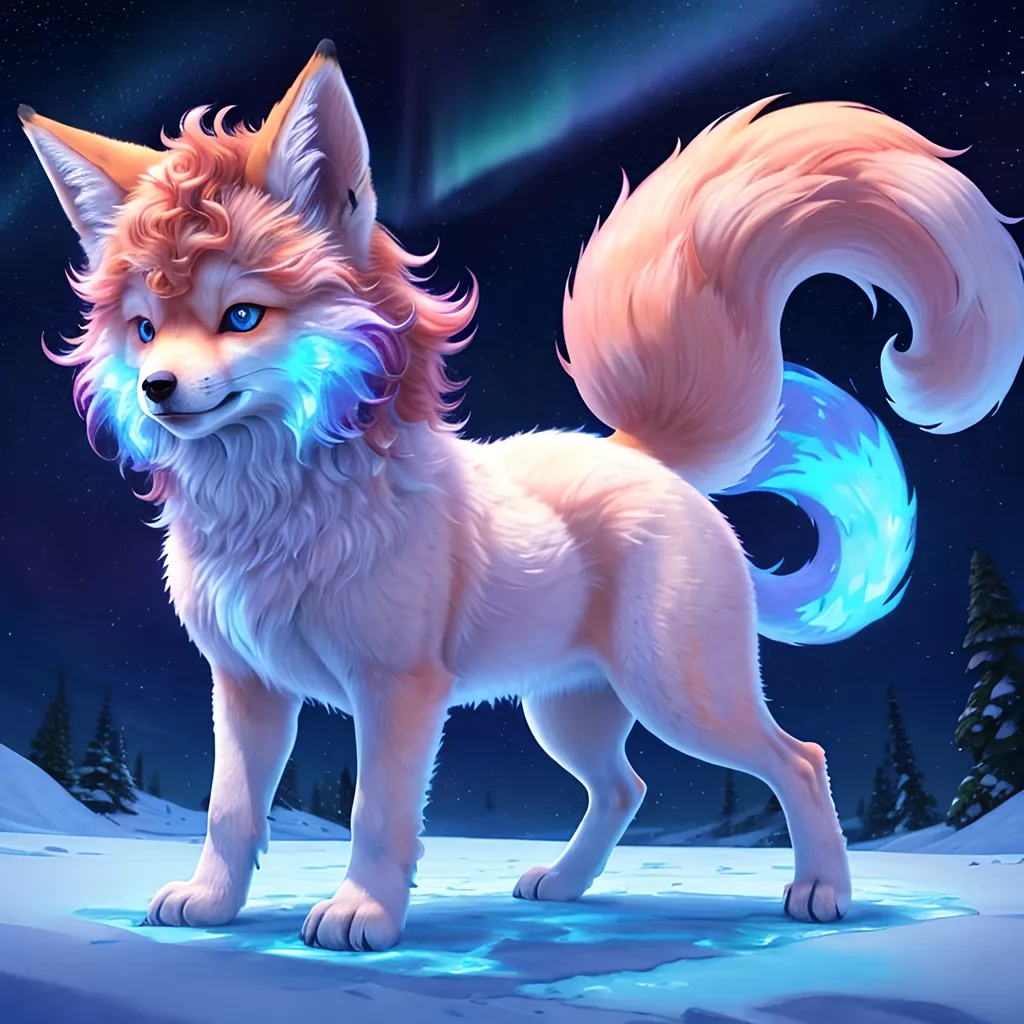 Prompt: {Alolan Vulpix}, growling, fox, kitsune, ice element, detailed artwork, portrait, 8k, detailed background, auroras, brilliant night sky, mischievous, thick billowing mane, hyper realism, realistic, hyper realistic