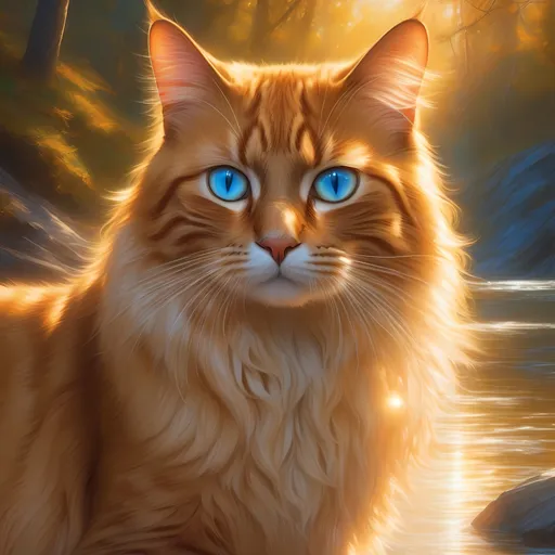 Prompt: warrior cat with pearl-gold fur and sapphire blue eyes, young male cat, epic anime portrait, beautiful 8k eyes, fine oil painting, intense, lunging at viewer, wearing shiny bracelet, worm's eye view, zoomed out view of character,  (unsheathed claws), visible claws, 64k, hyper detailed, expressive, intense, hissing cat, aggressive, intelligent, lithe, small, covered in scratches and scars, thick billowing mane, glistening golden fur, golden ratio, precise, perfect proportions, vibrant, prowling by a sun-bathed river, hyper detailed, complementary colors, UHD, HDR, top quality artwork, beautiful detailed background, unreal 5, artstaion, deviantart, instagram, professional, masterpiece