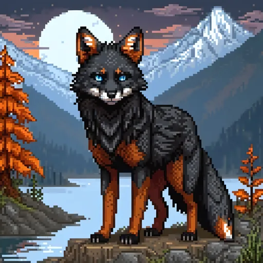 Prompt: beautiful black fox warrior with jet black fur and {dusk orange and twilight blue} eyes, kitsune, feral fox, nine-tailed fox, brawny, fierce, fire and ice, close up, detailed background, lush lakeside mountains background, highly detailed