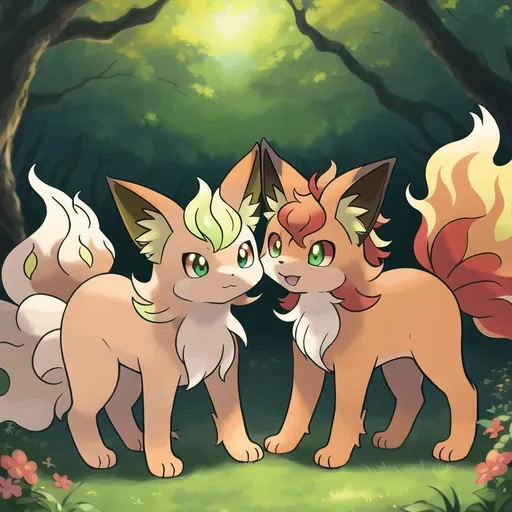 Prompt: Portrait of a beautiful (Vulpix), with bright golden fur and glowing green eyes, feral, in a sunny forest, head turned toward viewer, highly detailed eyes, timid, shy, bashful, rosy cheeks, 4k, UHD, masterpiece, oil painting, golden ratio, symmetric, complementary colors, vibrant, vivid colors