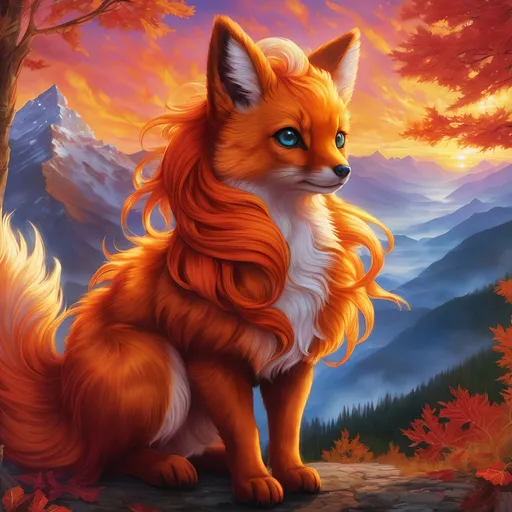 Prompt: {Vulpix}, gleaming hypnotic {garnet brown eyes}, flame, fire element, feral, frost, detailed artwork, beautiful oil painting, 64k, detailed background, aspen leaves, deep starry sky, lush cliffside, brilliant sunrise sky, big golden ears, big beautiful 8k eyes, mischievous, vivid colors, thick fluffy fur, glowing fiery aura, fire princess, bashful rosy cheeks, timid, bright rosy cheeks, thick billowing mane, intricately detailed fur, beautiful detailed eyes, , by Anne Stokes, golden ratio, perfect proportions, vibrant, hyper detailed, complementary colors, UHD, beautiful detailed background